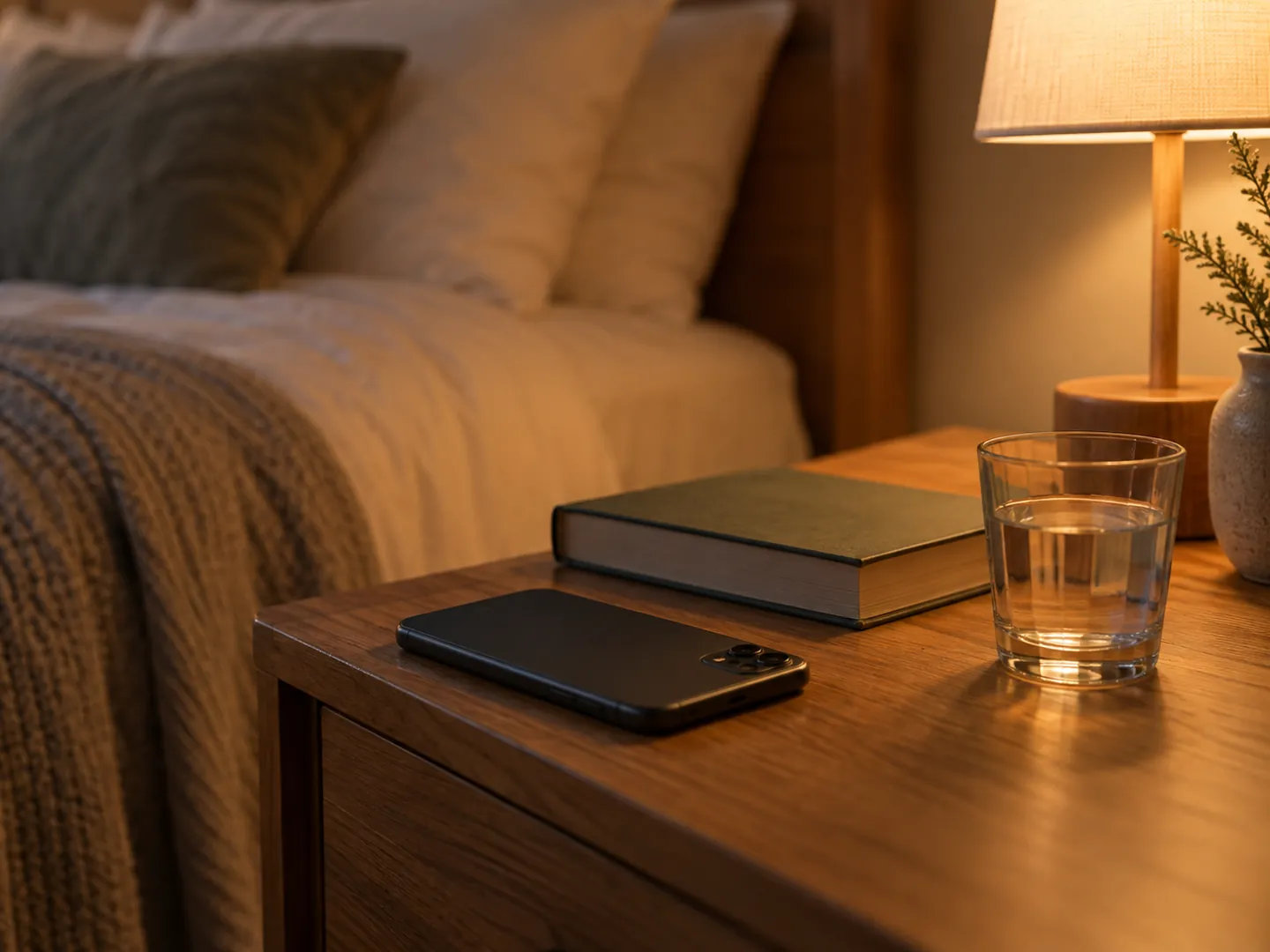 A smartphone lying face down on a bedside table next to a closed book, a glass of water and a warm reading lamp