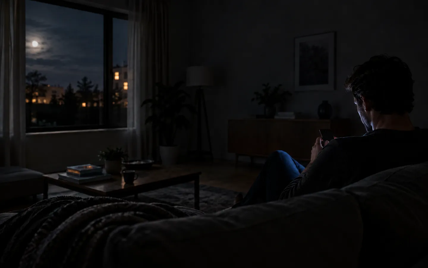 A person seen from behind on a sofa in a dark room at night, lit only by the glow of a phone held in both hands